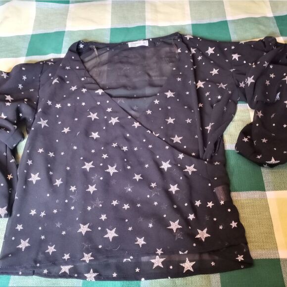 Mango L Black Wrap Cross Stars Bishop Longsleeves Women's Top.Condition: good. - Picture 1 of 10